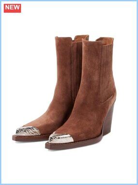 Suede Western Cowboy Ankle Boots Pointed Toe Stacked Block Heel Slip On